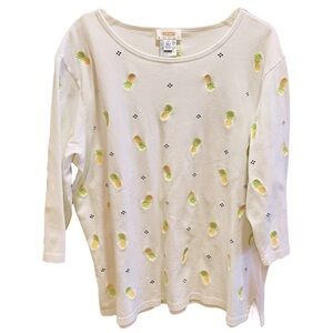 Talbots Vintage Pineapple Embroidered White 3/4 Sleeve Top 2X